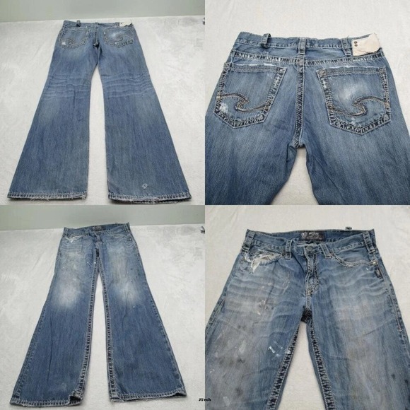 Silver‎ Jeans Mens 33x31 Blue Straight Western Grayson Whiskering Fade Thrashed - Picture 1 of 15